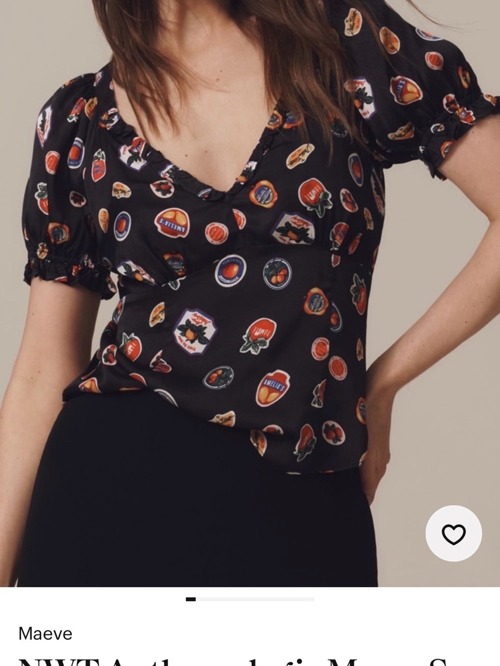Anthropologie Maeve Fruit Label Print Ruffle Puff Sleeve Blouse